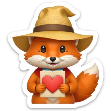 fox character, orange with white belly and fluffy tail, wearing a small festa junina accessory like a straw hat or bandana, holding a love letter with a heart on it, big heart eyes, cute affectionate smile, minimal background, emoji-style proportions, shiny and smooth Apple-like finish sticker