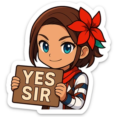 Azucena from Tekken 8 in chibi sticker style, holding a sign that says 'YES SIR', confident expression, designed for Twitch emote use. sticker
