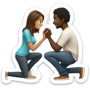Black guy proposing on one knee with a ring to a girl with brown hair  sticker