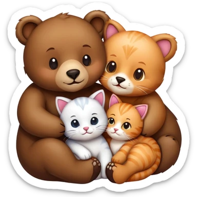 a bear and a kitty cuddling with two cats, all looking happy, emoji style sticker