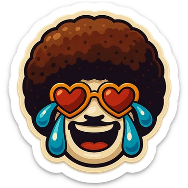 White circle face, afro, heart glasses, laughing with large tears sticker