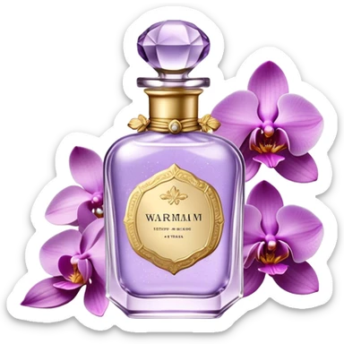Create a delicate vintage French-style perfume bottle in an orchid hue, adorned with intricate gold detailing and an elegant glass stopper. Surround it with lush lilac flowers, along with soft lavender sprigs and petals scattered around for a dreamy, romantic atmosphere. The background should have a subtle antique texture, evoking the charm of a Parisian boudoir. The lighting should be soft and diffused, enhancing the luxurious and nostalgic feel sticker