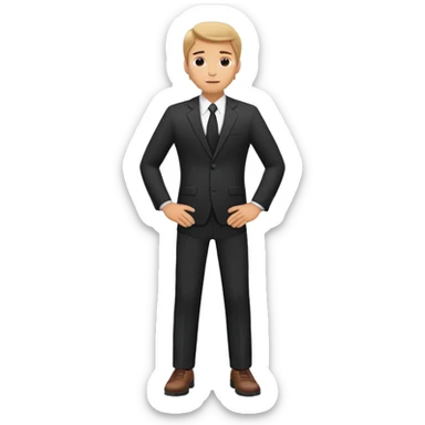 Caucasian male standing wearing dark suit and shoes, with hands on hips sticker