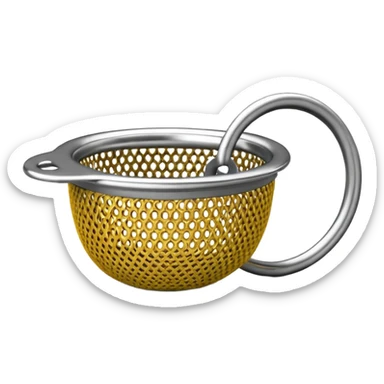 3D render of Tea Strainer, made of interlocking chainmail metal rings, wire mesh texture, visible holes and negative space, metallic silver and grey, high contrast shadows, emoji style, isolated on white background --v 6.0. sticker