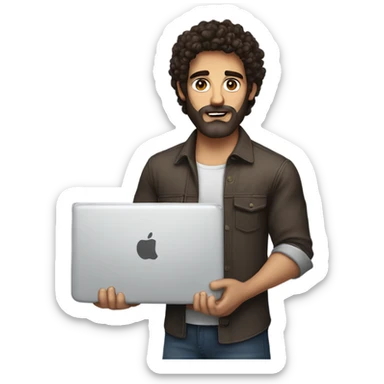 Web designer carrying a computer in his hands. métis men with curly dark brown hair, brown eyes, little grown beard. imposing, muscular build. sticker