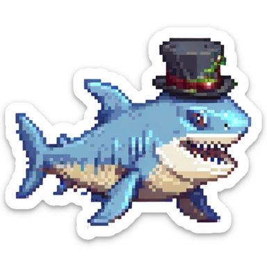 A pixel art style image of a shark wearing a top hat, facing left. sticker