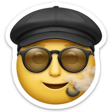 A high-res yellow face emoji with black sunglasses and a backwards black cap, smirking with half-lidded eyes and exhaling soft gray-white smoke, with detailed shading, glossy lenses, and realistic smoke wisps. sticker
