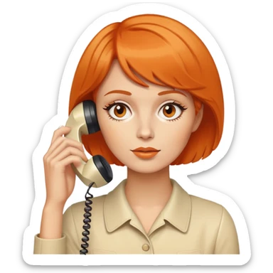 upper body of a woman with short orange hair talking on a white 70s phone sticker