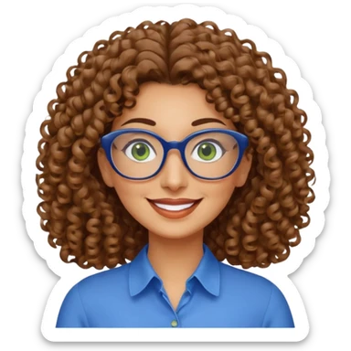 40 yr old Iranian woman, light brown very curly thick hair, shoulder length hair, green eyes, tan skin, big smile, big glasses, with pretty blue blouse sticker