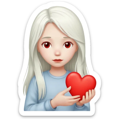 A girl with long white hair is sad and holds a red heart in her hands sticker