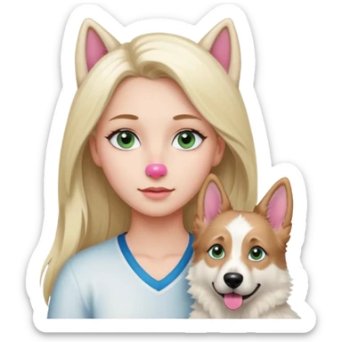 White European young woman with blue-green eyes and long blond hair with her white German Shepherd dog,the Dog has a pink nose and short fur  and Brown eyes sticker