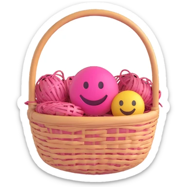 3D smiley emoji, round shape, grandmother with a woven basket, pink color, smiling face sticker
