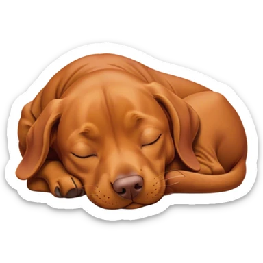 Meme-Worthy Cute Sleeping Vizsla Portrait Emoji, Head resting peacefully with a contented smile, showcasing a sleek, athletic build and a luxuriously soft rust and gold Fur, eyes shut in a serene nap, Simplified yet hilariously adorable features, highly detailed, glowing with a soft, drowsy light, high shine, relaxed and utterly lovable, stylized with an air of playful laziness, bright and heartwarming, soft glowing outline, capturing the essence of a comically sleepy companion, so meme-worthy it feels like it could instantly become the next viral sensation of adorable slumber! sticker