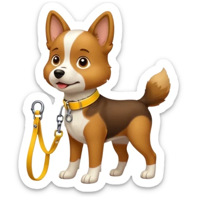 dog on leash walking wearing yellow collar sticker