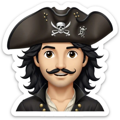 A charismatic pirate with wavy black hair tousled by the breeze. His silver-embroidered tricorn hat casts a shadow. He turns slightly, dark eyes glinting with mischief as he looks to the side, a knowing smile on his lips sticker