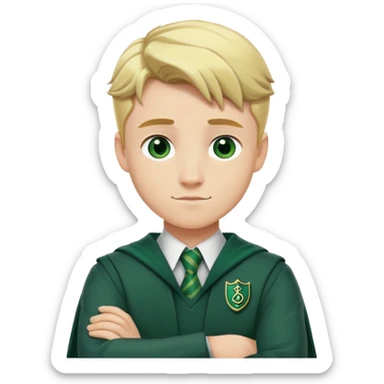 Blonde male student wearing Slytherin uniform with arms crossed sticker