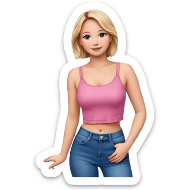 jennifer lawrence, pink crop top, and blue jeans, leaning on a balcony with a harbor and cityscape in the background, smiling sticker