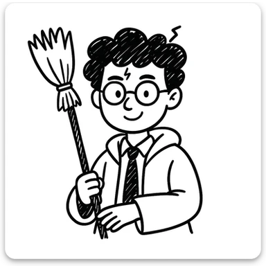 Add a broomstick to Harry Potter in hand-drawn doodle style, keep glasses and lightning scar sticker