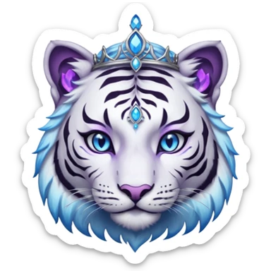 ESO Female white/black tiger khajiit leader of the umbral rose, glowing blue eyes, glowing blue 'third eye' gem; beautiful desined purple gemmed silver tiara sticker