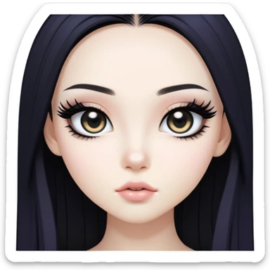 straight black long hair, korean pale skin skin, black iris, pretty bratz baddie, black eyeliner sticker