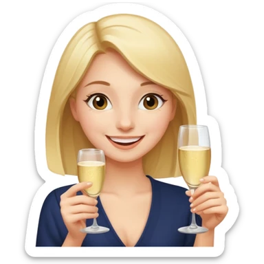 A shy young woman gently takes her first small sip of champagne, smiling with excitement. sticker