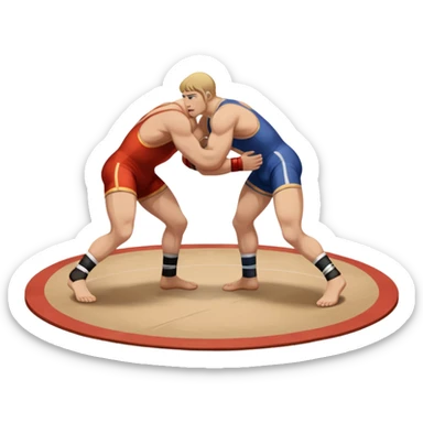An icon showcasing two wrestlers engaged in a Greco-Roman wrestling match. The athletes are locked in a strong clinch, using their upper bodies to dominate. The background features a wrestling mat and traditional Greco-Roman elements. Transparent background. sticker