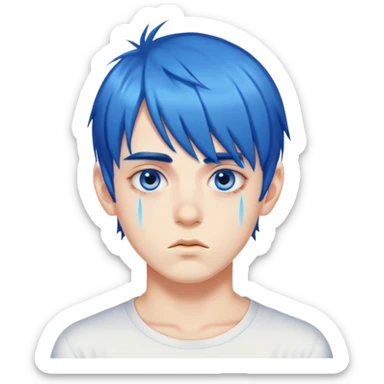 A boy with highly saturated blue hair, bangs above his eyebrows, and double eyelids sticker