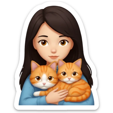 dark-black-brown-hair-to-shoulder girl with brown eyes snuggled with orange tabby cat sticker