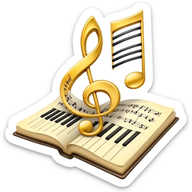 Create a bright and artistic emoji that represents music composition. The design should feature musical notes, a pencil or quill, and a sheet of music, symbolizing the creative process of composing a song. Add a touch of elegance with flowing lines to represent melody and rhythm. Incorporate piano keys arranged like a ribbon or flowing tape, symbolizing the piano's role in composition. Use gold or silver tones for sophistication, and incorporate vibrant colors to convey creativity. The background should be transparent. sticker