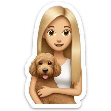 fan girl with long straight hair holding tan labradoodle sticker