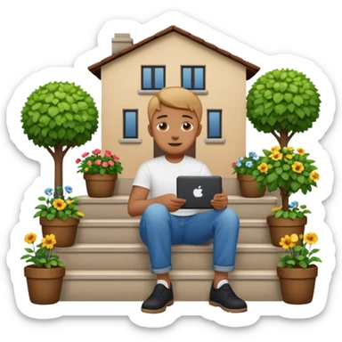 a home which has garden like and the home has slack emoji, where on the house steps, a blob chratcter holding black mac should sit and should look like wiork sticker