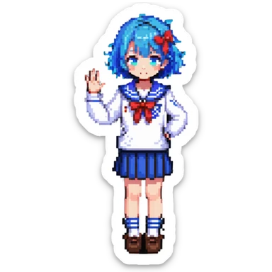 Pixel art anime girl with short bright blue hair wearing Japanese sailor style school uniform, trying to look confident with hand on hip but shyly waving with other hand, blushing cheeks and avoiding eye contact sticker