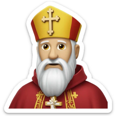 Bishop with long white beard in red tunic with yellow cross/crucifix sticker