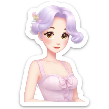 Gorgeous pastel anime style lady with blushing face and a dress cottagecore fairycore pastelcore colorful pearly romantic simplistic aesthetic trending style sticker