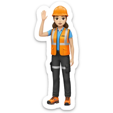 female, orange, hi-vis vest, dark trousers, shoes, hand raised sticker