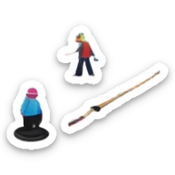 please, An icon featuring the curling rink, with its distinctive circles, and a vibrant crowd in the stands. Snowflakes fall outside the arena, and bright lights illuminate the ice. a curling stone sliding across the ice, with a broom nearby. Transparent background. sticker