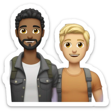 Gay male couple Latino Black hair and beard male and a male Australian blonde hair , with a cat in the middle sticker
