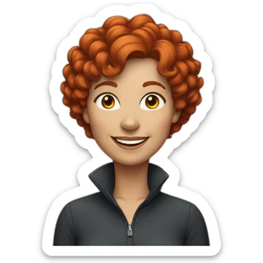 A 50-year-old woman with red curly short hair smiles sticker