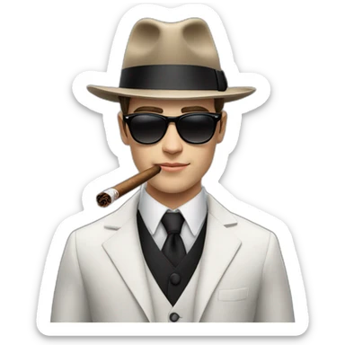 young white male adult with dark hair, black fedora hat, black ray ban sunglasses, three pieces costume and tie smoking a cigar sticker