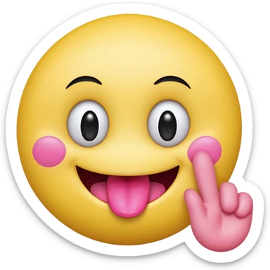 The image is a digital illustration of a yellow smiley face with big, round eyes and a big smile. The face is holding a pink tongue sticking out and making a 67 with its fingers. Above the face, The background is white. Like this but get rid of the text sticker
