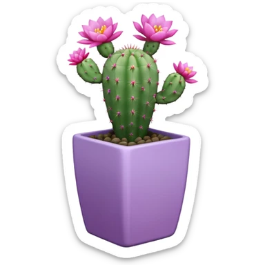 One ceramic pot in pastel violet, square, and tall, containing a flowering cactus. sticker