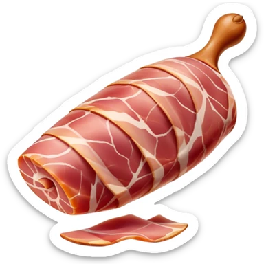 Jamón Serrano Cinematic Realistic Jamón Serrano Dish Emoji, depicted as a prominent leg of cured ham with visible marbling, rendered with rich textures and dynamic, appetizing lighting. sticker