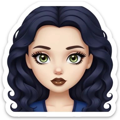 pretty bratz baddie, black eyeliner, pale skin, dark brown clong wavy hair, dark blue  eyes sticker