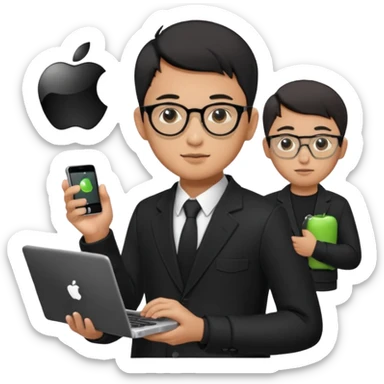 a asia man guy his 20s wearing an apple notebook, wearing bodyguard radio operator, round glasses, blAck clothes sticker