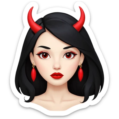 A skin red girl's face with cheekbones, long black hair, small red horns, big lips sticker