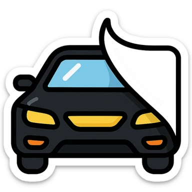 high-end black car icon partially covered by a rolled transparent or light gray film with curved adhesion effect, glossy black main color, modern and clean style, no text sticker