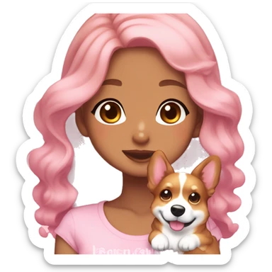 TAN SKIN GIRL WITH LONG BROWN CURLY HAIR AND A CORGI pink kawaii shiny blushing cute kawaii pastel anime trending style pink pastelcore sticker