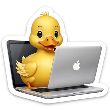 A cartoon duck using a laptop sticker
