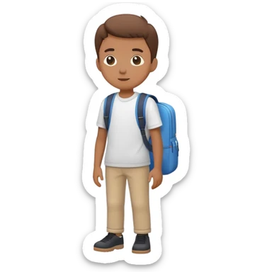 A flat-style illustration of a student character standing upright, wearing a backpack and casual school clothes. Clean, minimal cartoon style, white background, iOS emoji aesthetic. sticker