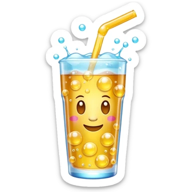 3D iPhone style emoji of bubbly soda pop, fizzy bubbles rising, translucent sparkling liquid, isolated on white background, soft shadows, high detail, playful and cute. sticker